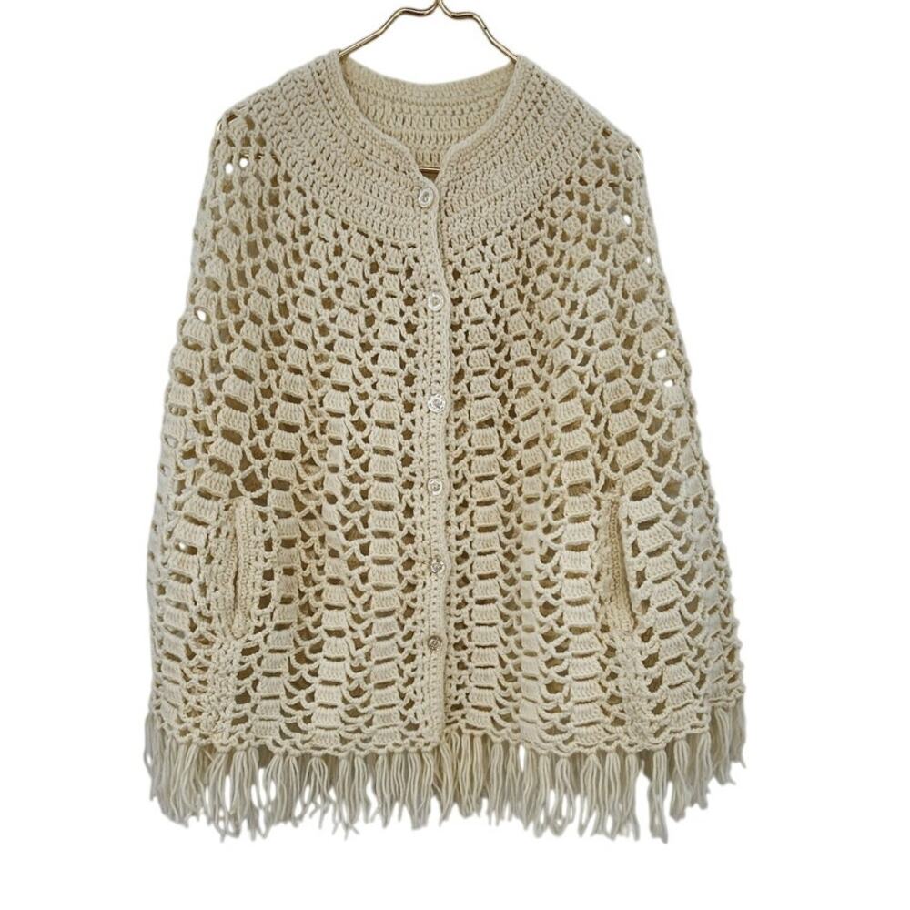 Vintage Knit‎ Fringe Poncho One Size White
